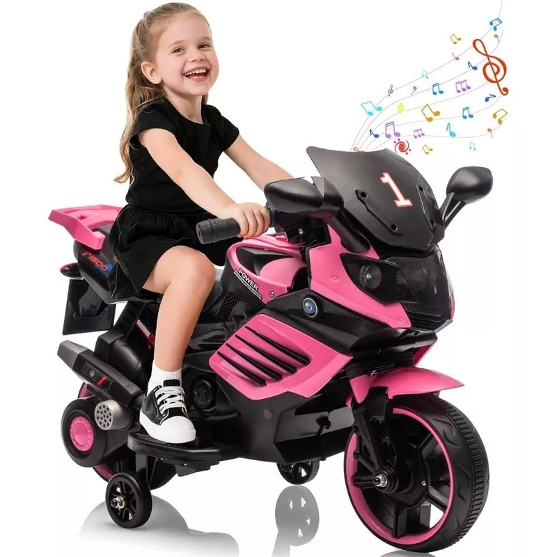 6V Battery-Powered Pink Ride-On Motorcycle for Kids with Headlight Wheels