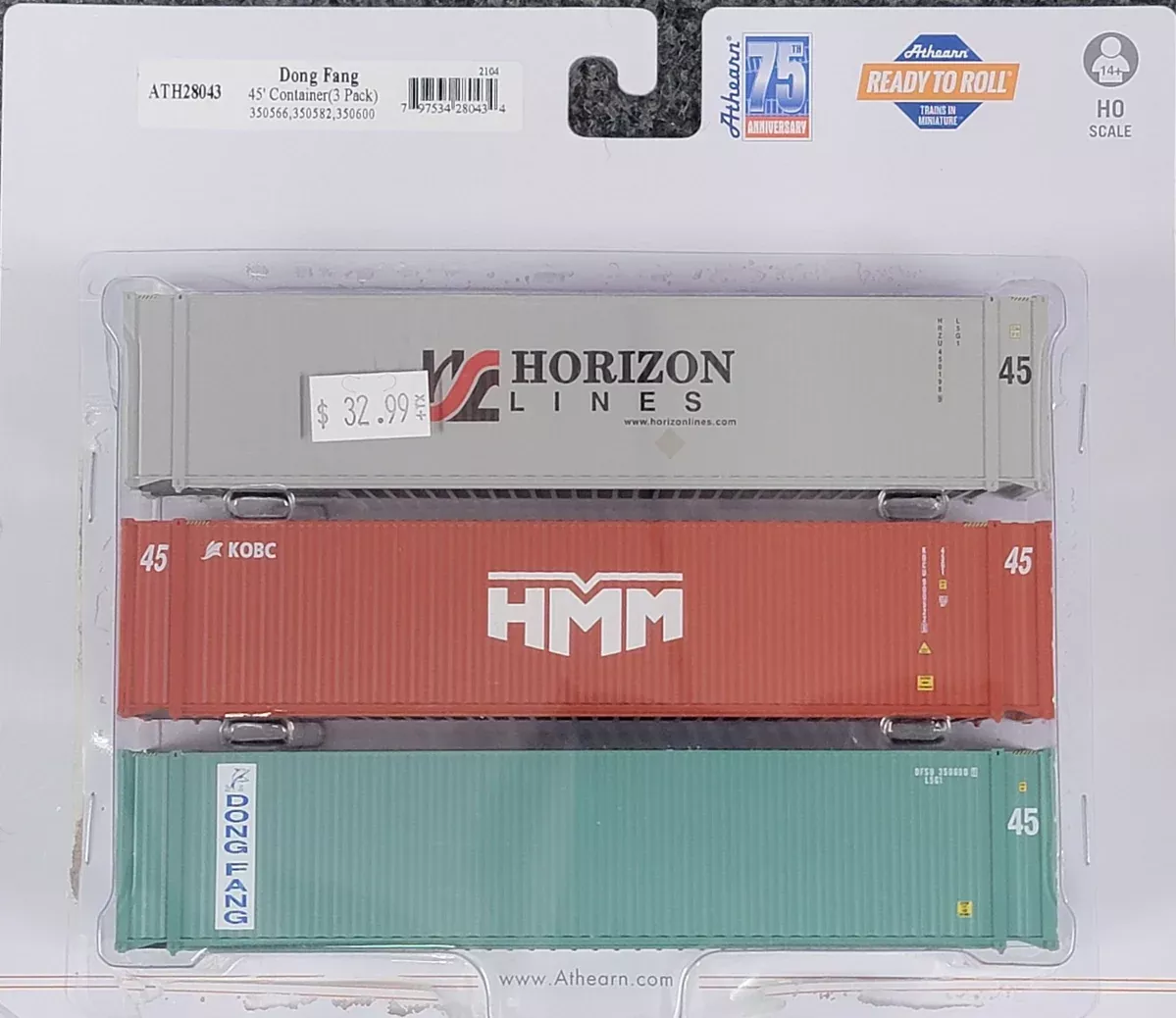 Athearn HO Scale 45' Container Dong Fang HMM and Horizon Lines Mixed