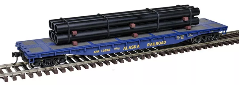 Atlas 3001880-1 ALASKA RAILROAD 52'6 Flat Car with Load TRAINMAN BLUE/YELLOW #12889 limited O Scale NEW