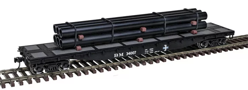 Atlas 3001882-1 BOSTON & MAINE B&M 52'6 Flat Car with Pipe Load TRAINMAN Black/Blue/White #34007 O Scale NEW