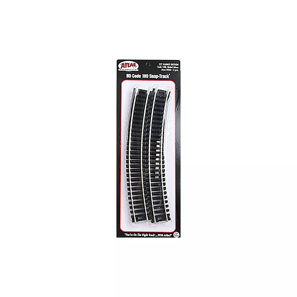 Atlas Model Railroad 836 HO Scale Code 100 Curved Snap-Track(R) Nickel-Silver Rail — 22″ Radius (Black Ties) pkg(6)