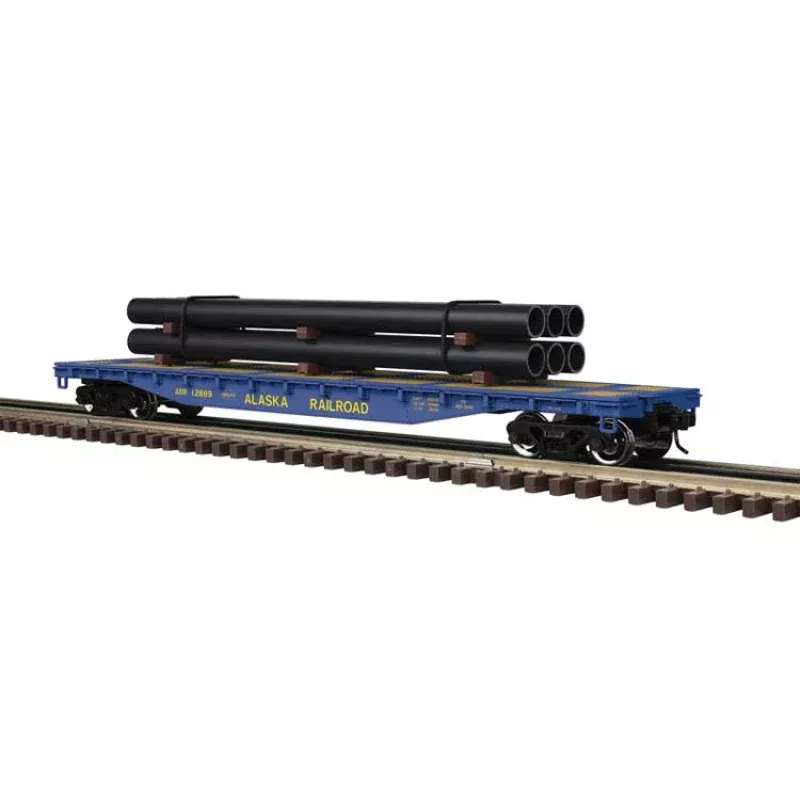 Atlas O 3001880 52'6 Flatcar with Pipe Load, 3-Rail, Trainman, Alaska Railroad (blue, yellow)