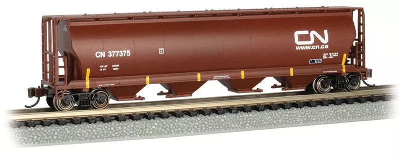 Bachmann 19161 Canadian Cylindrical 4-Bay Grain Hopper - Ready to Run - Silver Series(R) -- Canadian National #377375 (Boxcar Red) N Scale