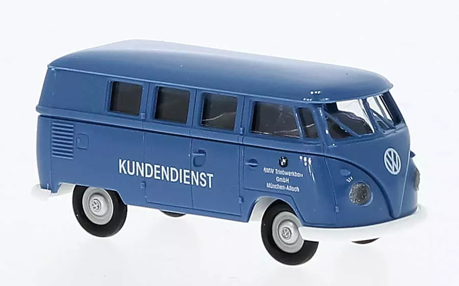 Brekina 31626 1960 Volkswagen T1b Passenger Van – Assembled — BMW Triebwerksbau (blue, white, German Lettering) HO Scale