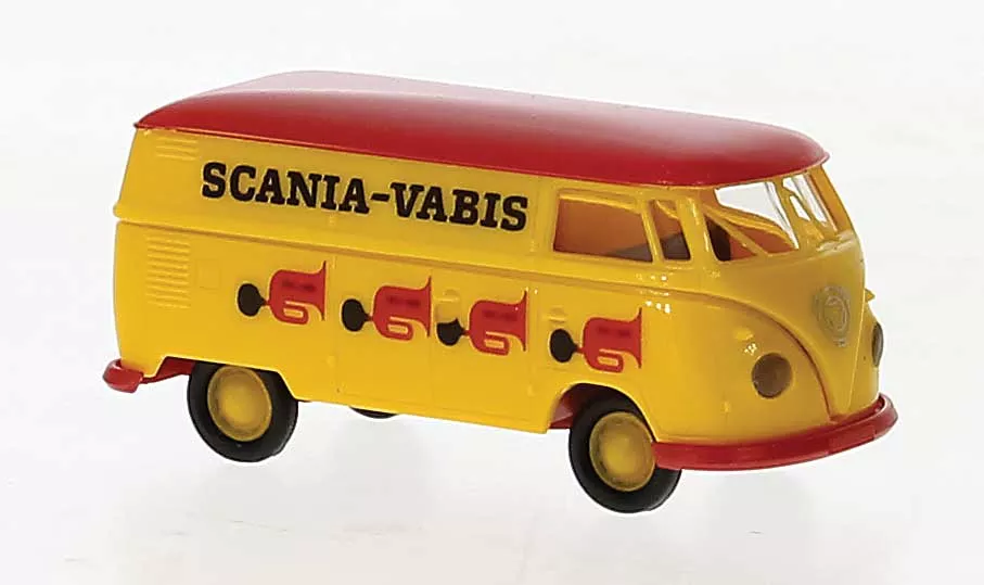 Brekina 32769 1960-1963 Volkswagen T1b Kasten Cargo Van – Assembled — Scania-Vabis (yellow, red, Swedish Lettering) HO Scale