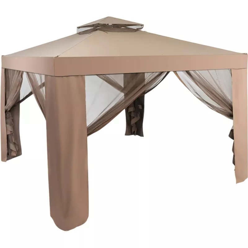 Costway 10′ x 10′ Patio Canopy Gazebo w/ Netting Double Tier Roof 54810396 New Brown