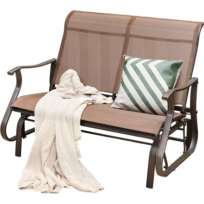 Costway 2-Person Patio Glider Bench High Back Curved Armrests Brown 04369217 New
