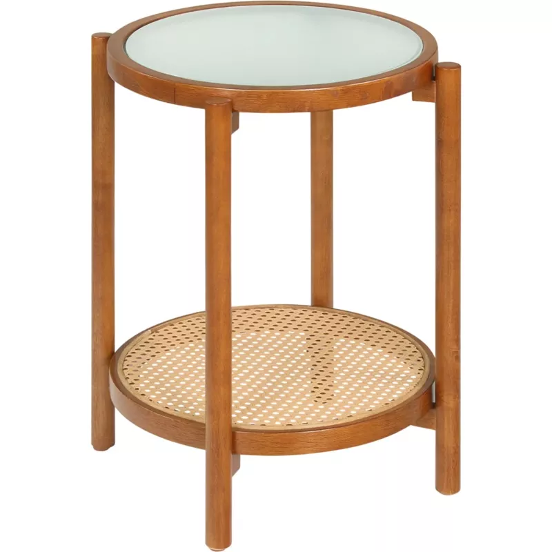 Costway 2-Tier Round Boho Side End Table Tempered Glass Top 22144270 New Walnut