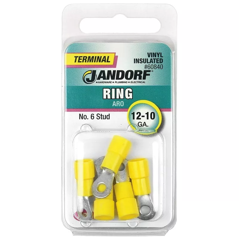 Jandorf Ring Terminal, 12 to 10 AWG Wire, Vinyl Insulation, Copper Contact, Tin Contact Coating, #8 Stud, Yellow #60996