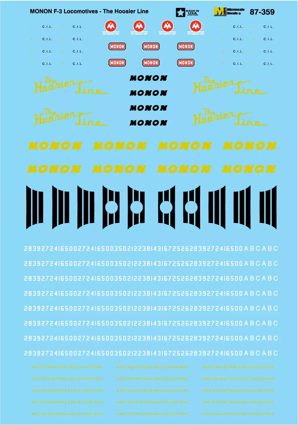 Microscale Decals 87-359 HO Scale Monon F3 Diesel "The Hoosier Line"