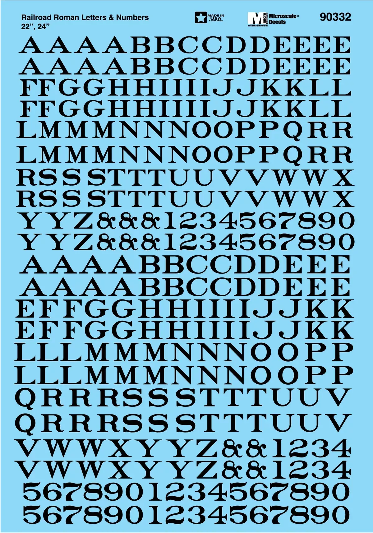 Microscale Decals 90332 Black 22″ & 24″ Letters and Numbers Railroad Roman