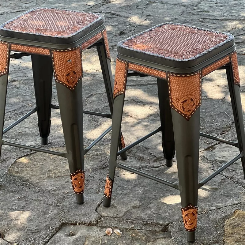 **PRE ORDER** Alamo Saddlery Cinnamon Bar Stools with Hand Tooled Leather Gun Metal