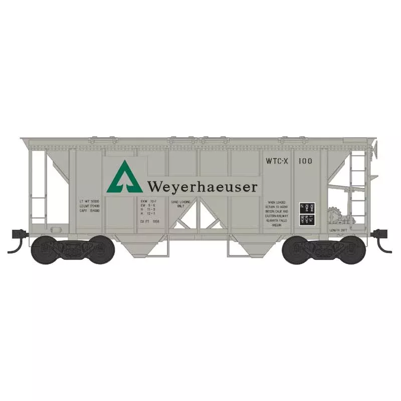 PREORDER Bowser HO 43643 70-Ton 2-Bay Covered Hopper with Open Sides, Weyerhaeuser #100 (gray, green, black)