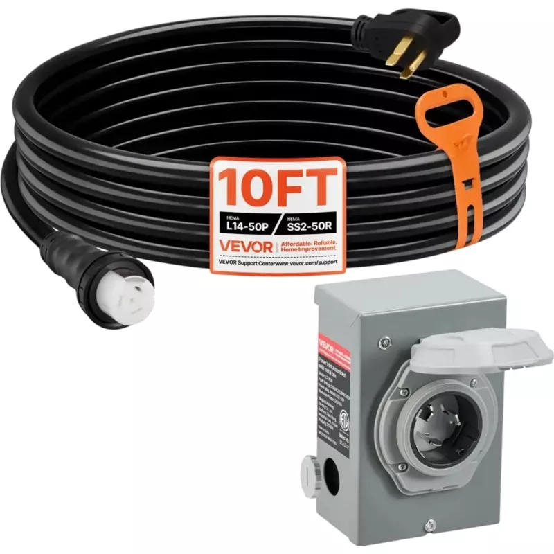 Vevor Extension Cable & Power Inlet Box 50 Amp 10′ Generator Cord Kit New